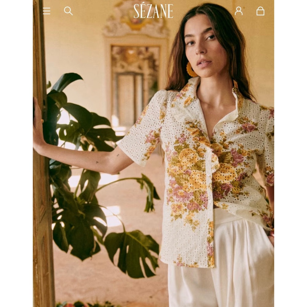 Sezane Dahlia Blouse Ella Floral Eyelet Cotton Sz 38 Ruffle Short Sleeve Top
